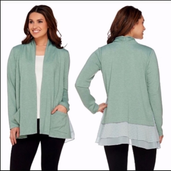 LOGO by Lori Goldstein Sweaters - LOGO Lounge Open Front Cardigan w/ Layered Hem